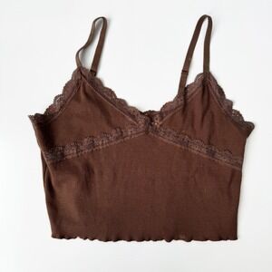 Ambiance Y2K Brown Cami Top Lace‎ Trim Ribbed Tank Top Adjustable Straps L